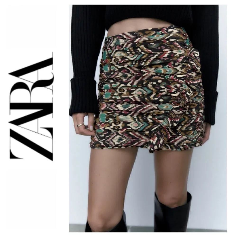 NWT Zara Multicolored Ruffled Printed High Waisted Ruched Mini Skirt, Size Small